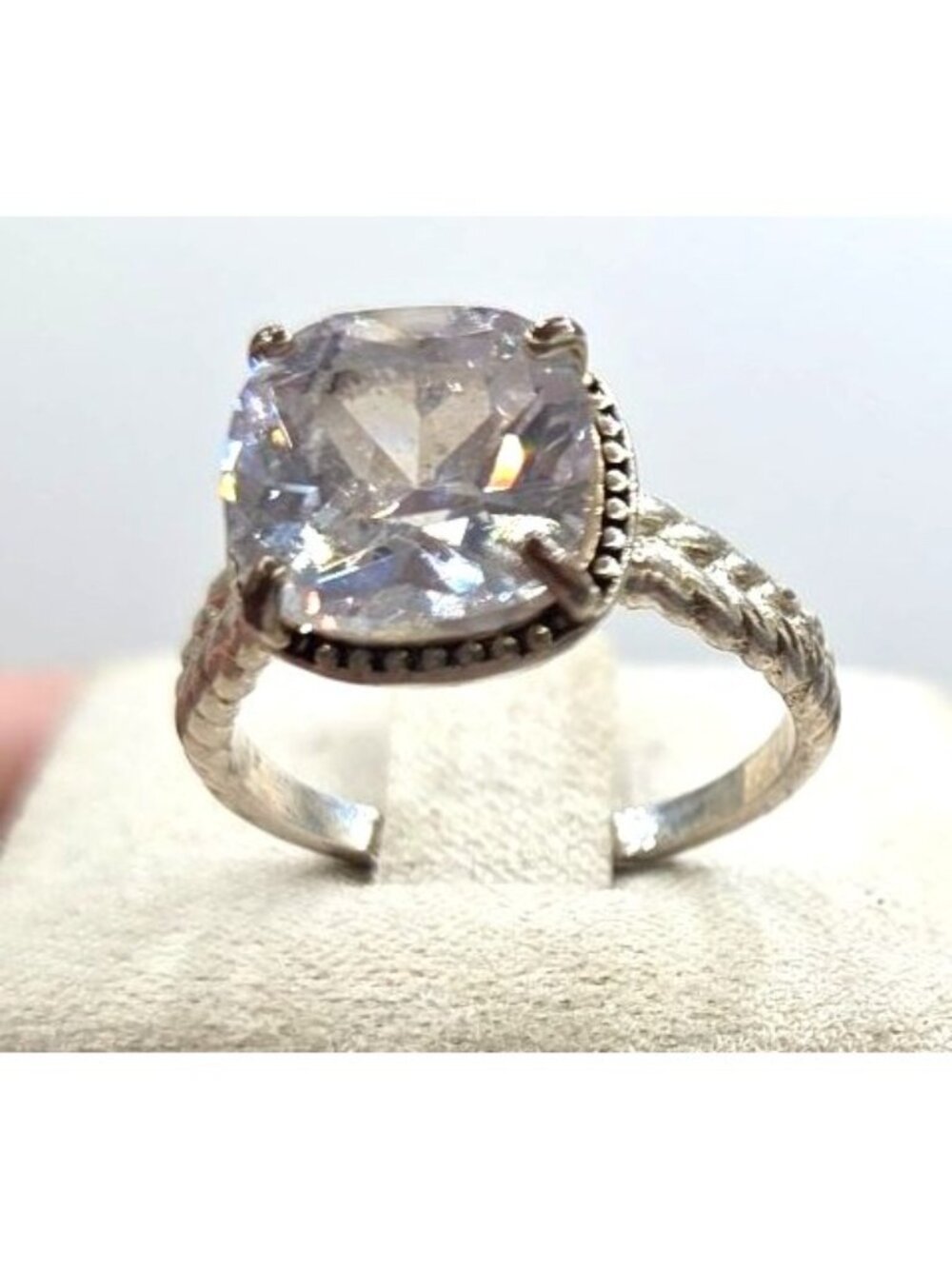 Silver-Plated Ring With Cushion-Cut Clear Stone Rope Band Design Size 7